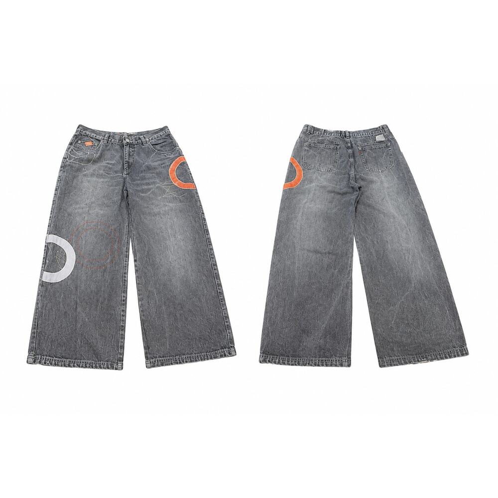 Davoucci Y2K Wide Leg Baggy Jeans Black Gray Wash Graphic Denim Mens 40x33